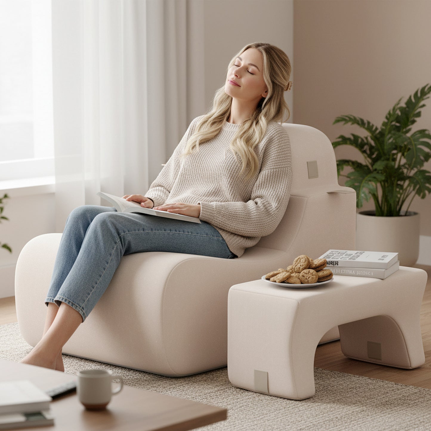 Floor Chair Lazy Sofa with Detachable Headrest, Beige Floor Chairs at Gallery Canada