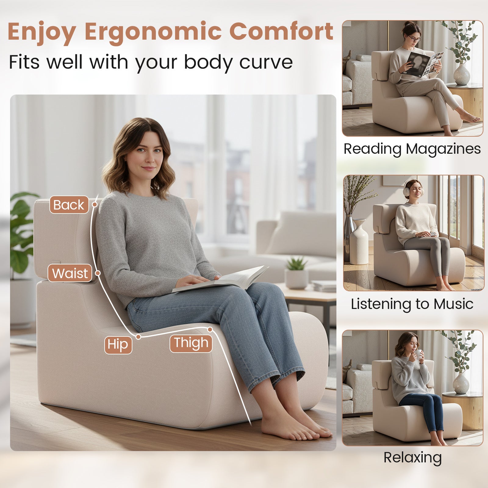 Floor Chair Lazy Sofa with Detachable Headrest, Beige Floor Chairs at Gallery Canada