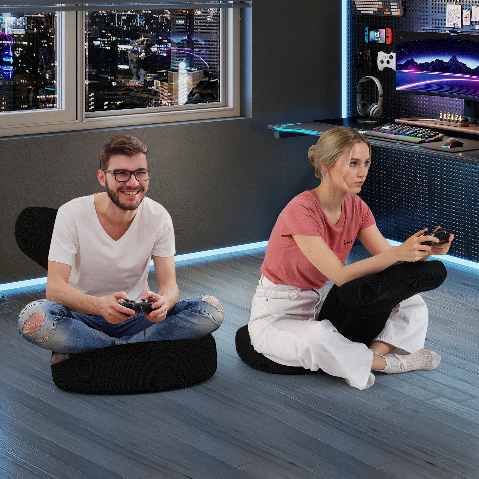 Floor Comfy Gaming Leisure Chair with Adjustable Headrest and Backrest, Black Floor Chairs at Gallery Canada