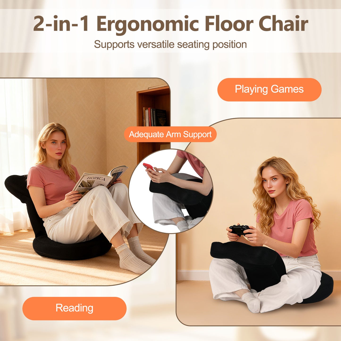 Floor Comfy Gaming Leisure Chair with Adjustable Headrest and Backrest, Black Floor Chairs at Gallery Canada