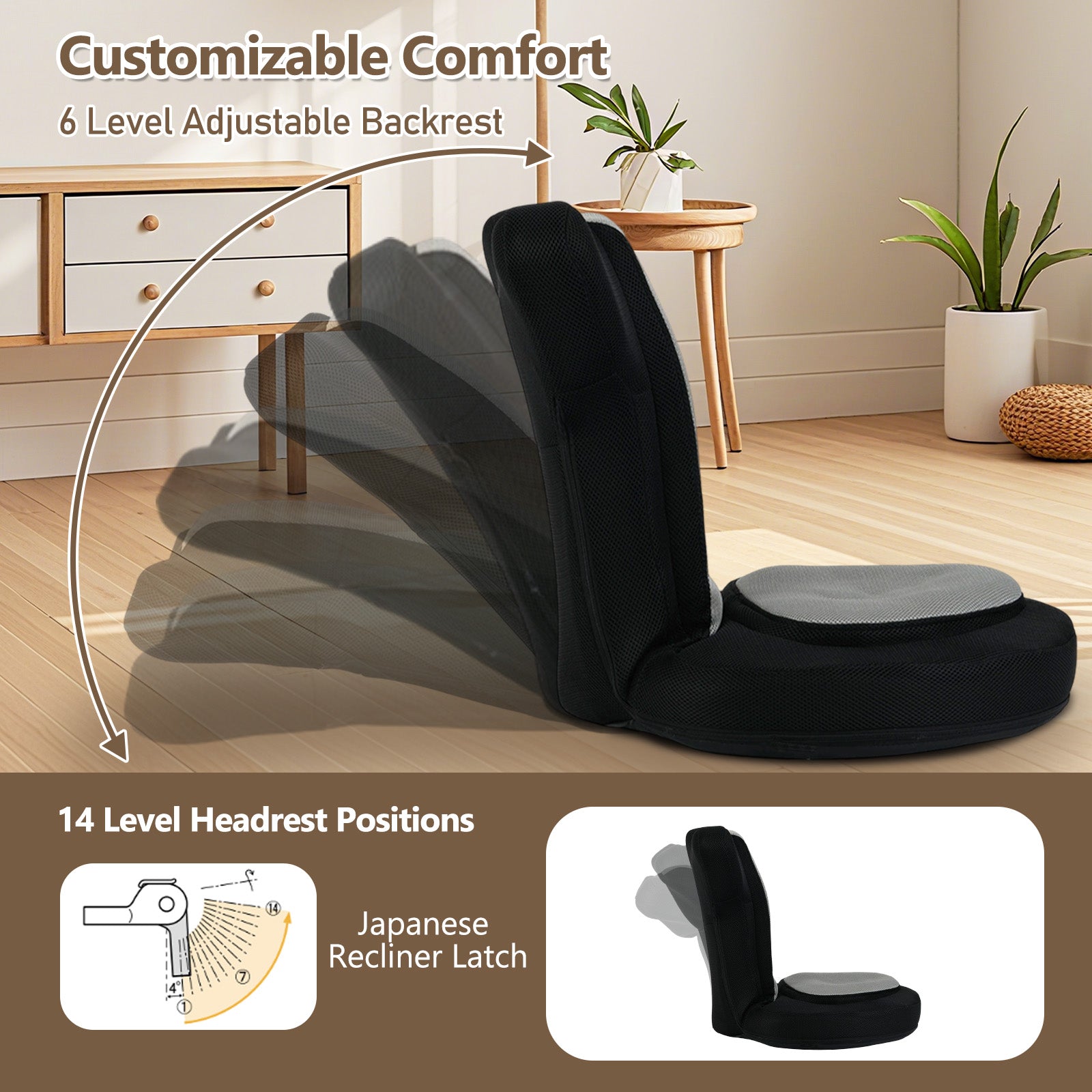 Floor Comfy Gaming Leisure Chair with Adjustable Headrest and Backrest, Black Floor Chairs at Gallery Canada