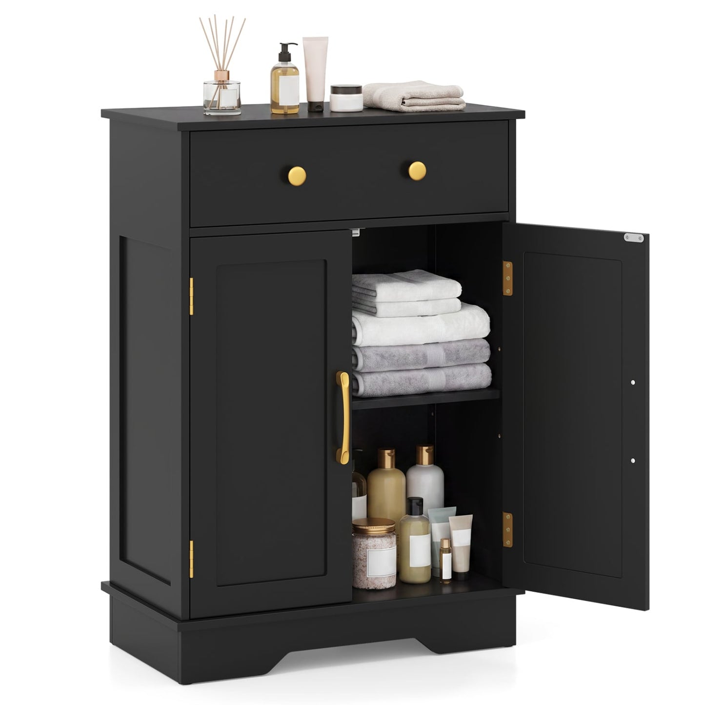 Floor Storage Cabinet with Doors Modern Buffet Sideboard with Drawer and Adjustable Shelf, Black