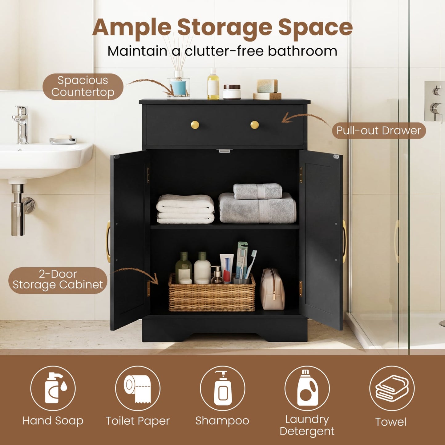 Floor Storage Cabinet with Doors Modern Buffet Sideboard with Drawer and Adjustable Shelf, Black