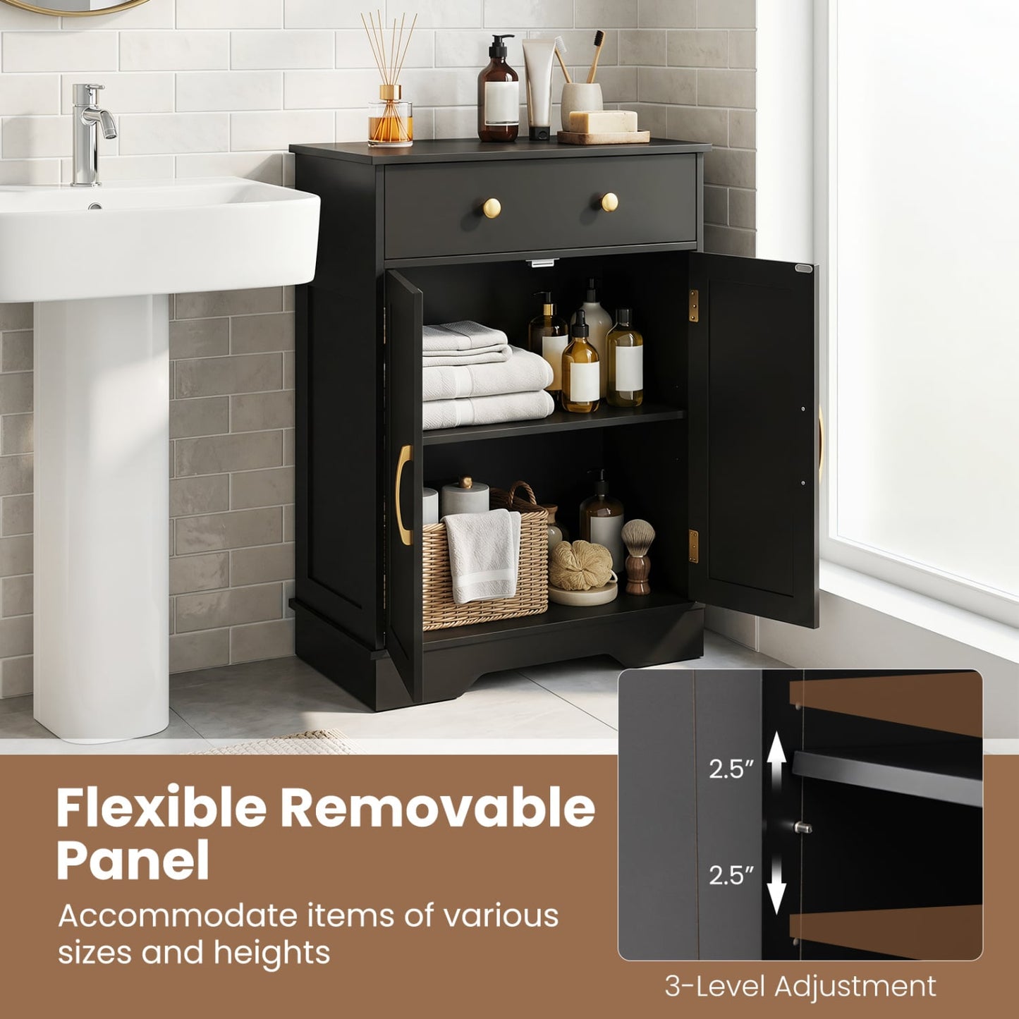 Floor Storage Cabinet with Doors Modern Buffet Sideboard with Drawer and Adjustable Shelf, Black
