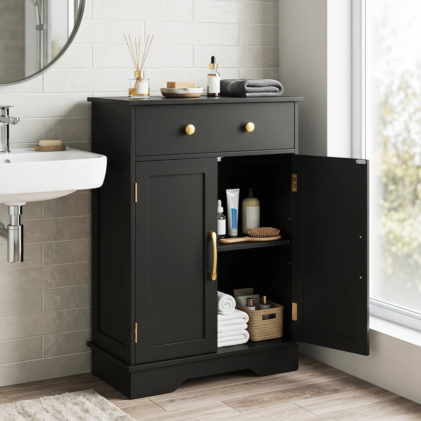 Floor Storage Cabinet with Doors Modern Buffet Sideboard with Drawer and Adjustable Shelf, Black