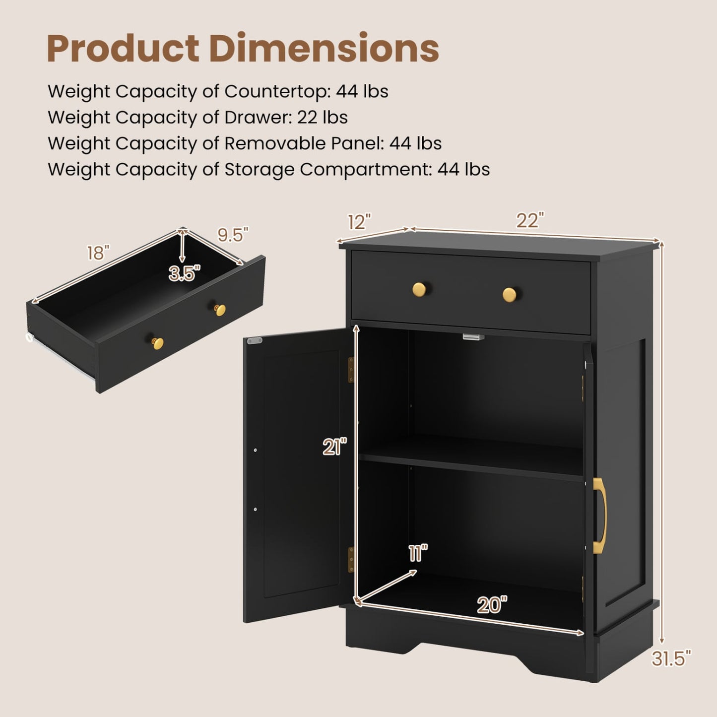 Floor Storage Cabinet with Doors Modern Buffet Sideboard with Drawer and Adjustable Shelf, Black