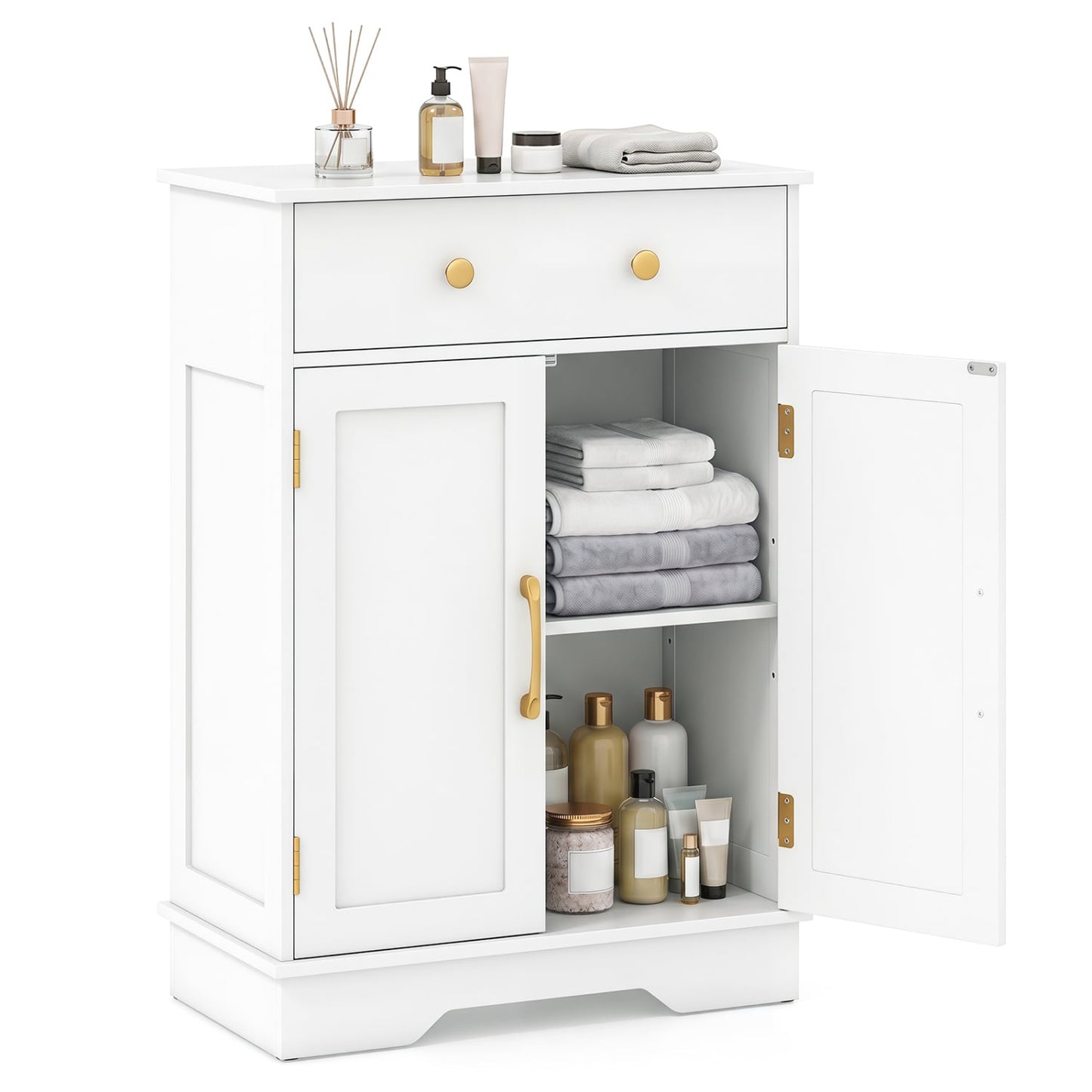 Floor Storage Cabinet with Doors Modern Buffet Sideboard with Drawer and Adjustable Shelf, White