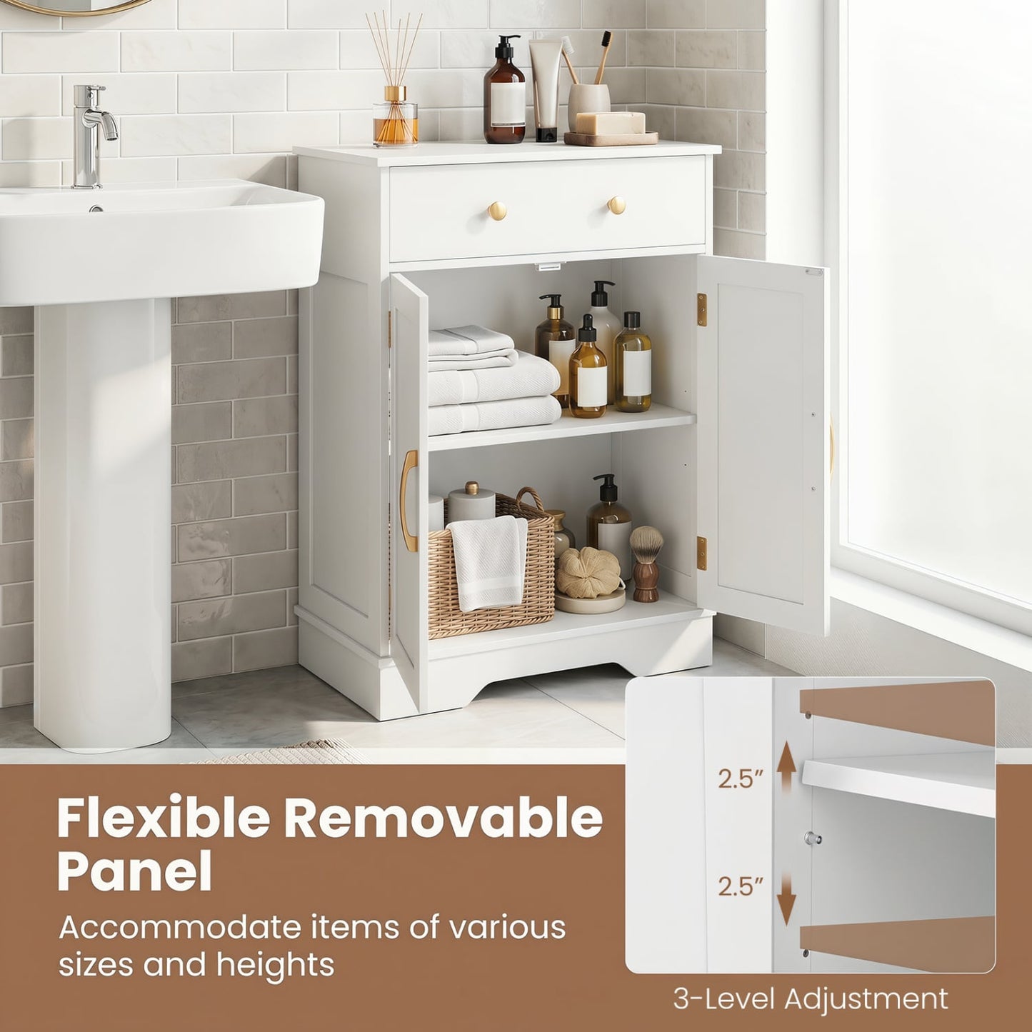 Floor Storage Cabinet with Doors Modern Buffet Sideboard with Drawer and Adjustable Shelf, White