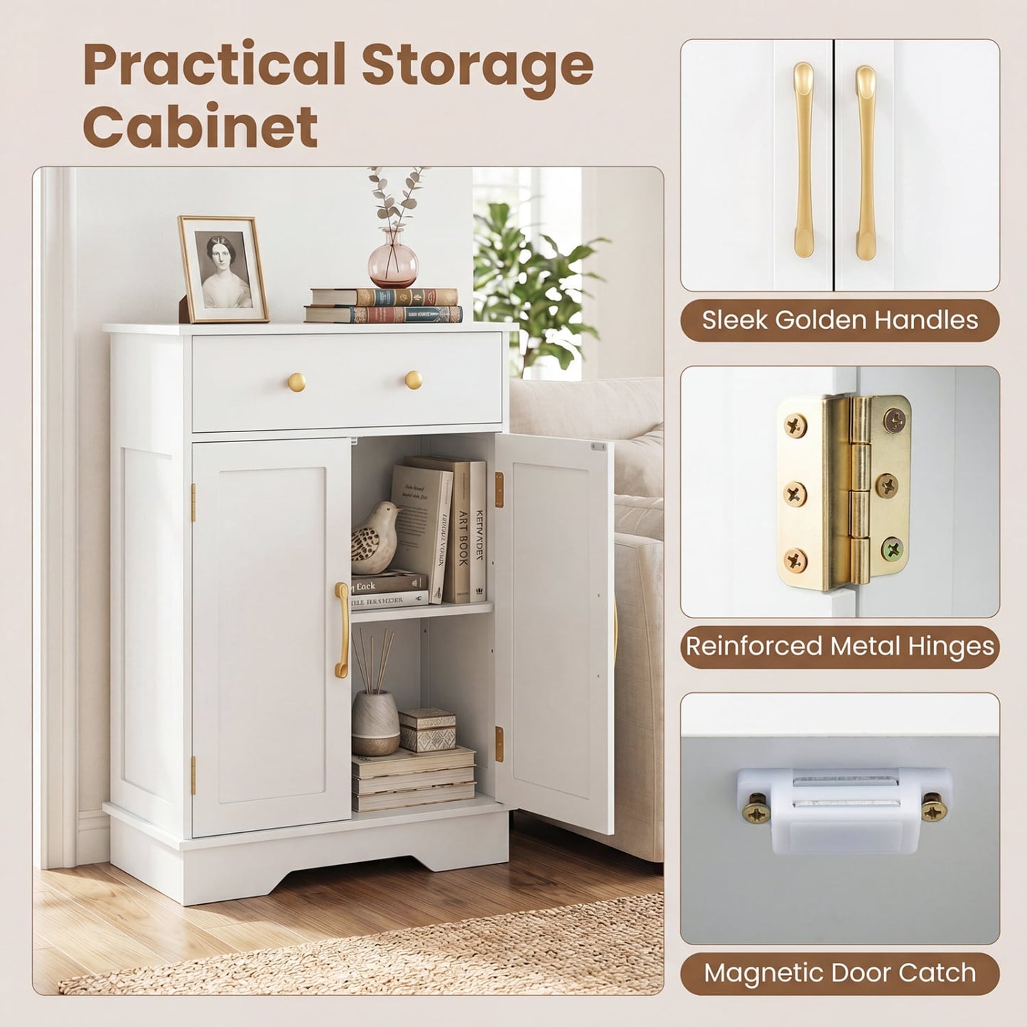 Floor Storage Cabinet with Doors Modern Buffet Sideboard with Drawer and Adjustable Shelf, White