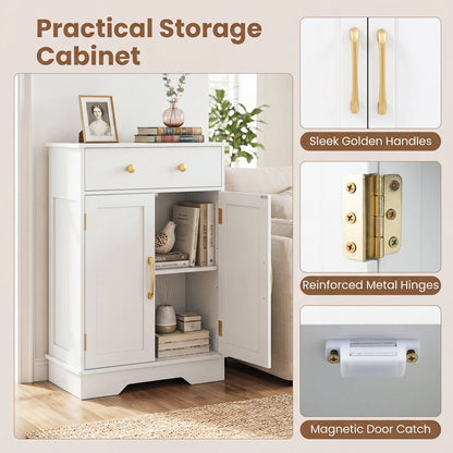 Floor Storage Cabinet with Doors Modern Buffet Sideboard with Drawer and Adjustable Shelf, White