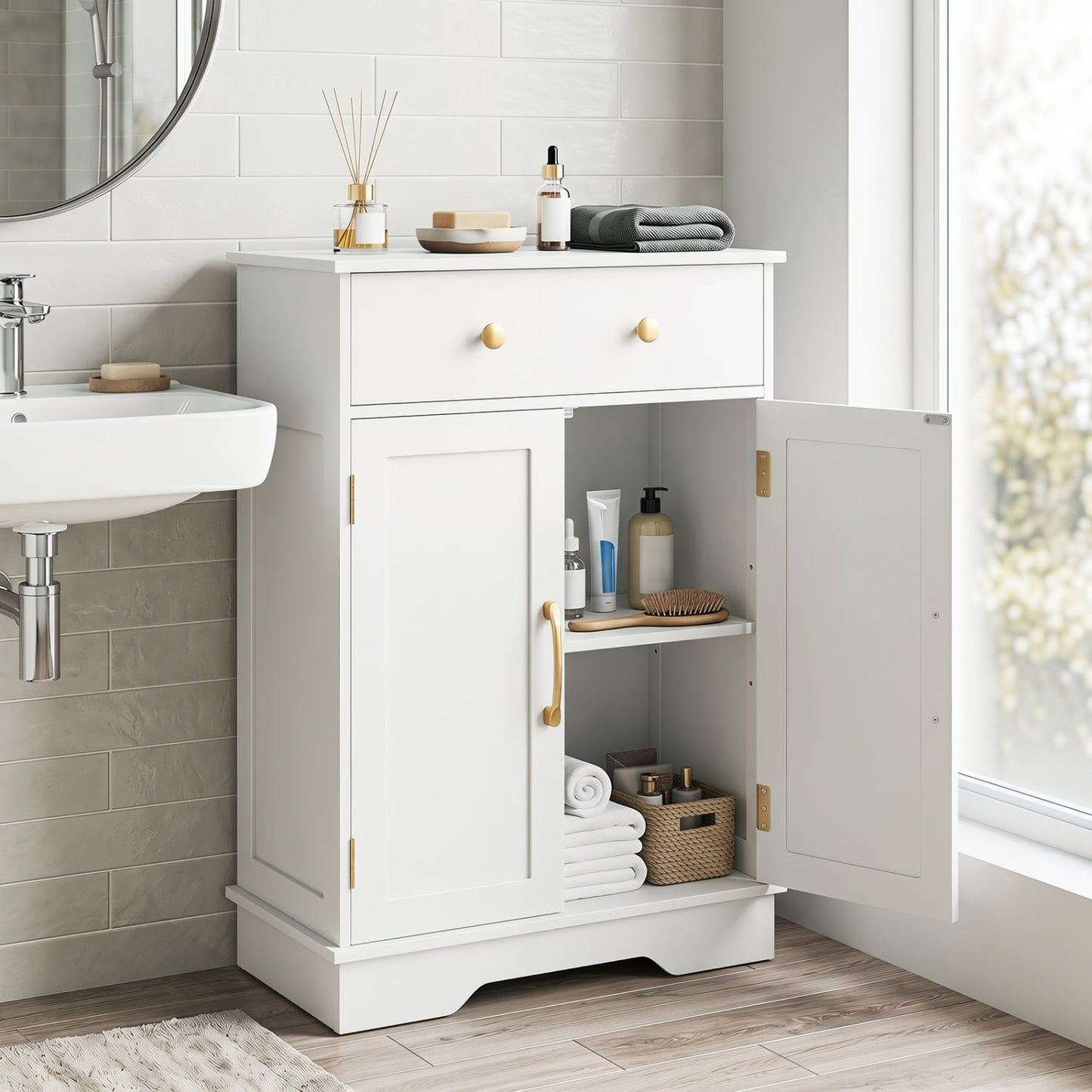Floor Storage Cabinet with Doors Modern Buffet Sideboard with Drawer and Adjustable Shelf, White