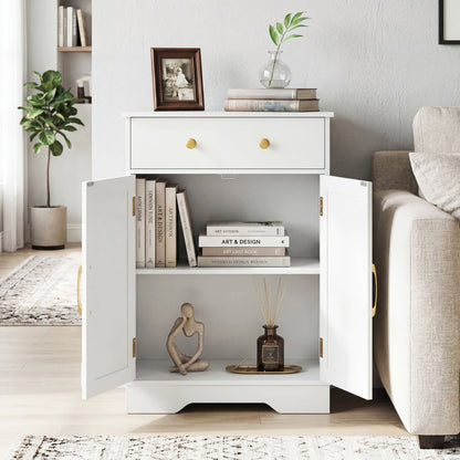 Floor Storage Cabinet with Doors Modern Buffet Sideboard with Drawer and Adjustable Shelf, White