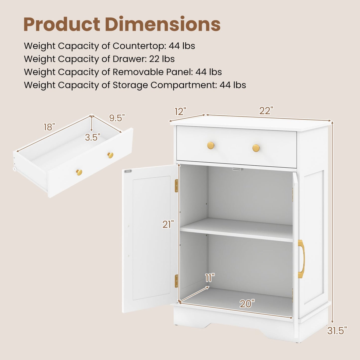 Floor Storage Cabinet with Doors Modern Buffet Sideboard with Drawer and Adjustable Shelf, White