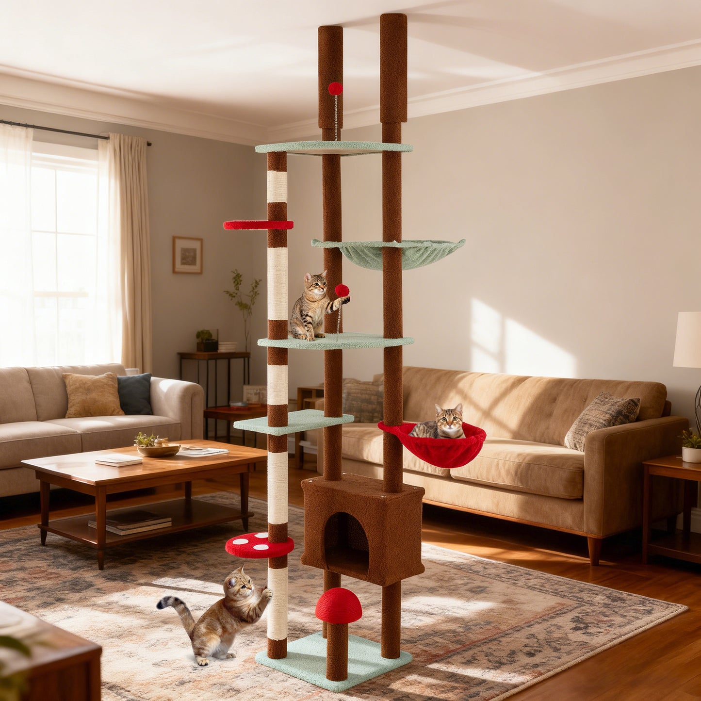 Floor to Ceiling Cat Tree Adjustable Mushroom Themed with Condo and Hammock, Brown Cat Trees Condos & Scratchers at Gallery Canada
