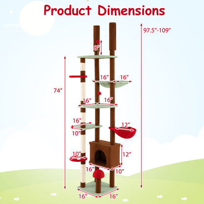 Floor to Ceiling Cat Tree Adjustable Mushroom Themed with Condo and Hammock, Brown Cat Trees Condos & Scratchers at Gallery Canada