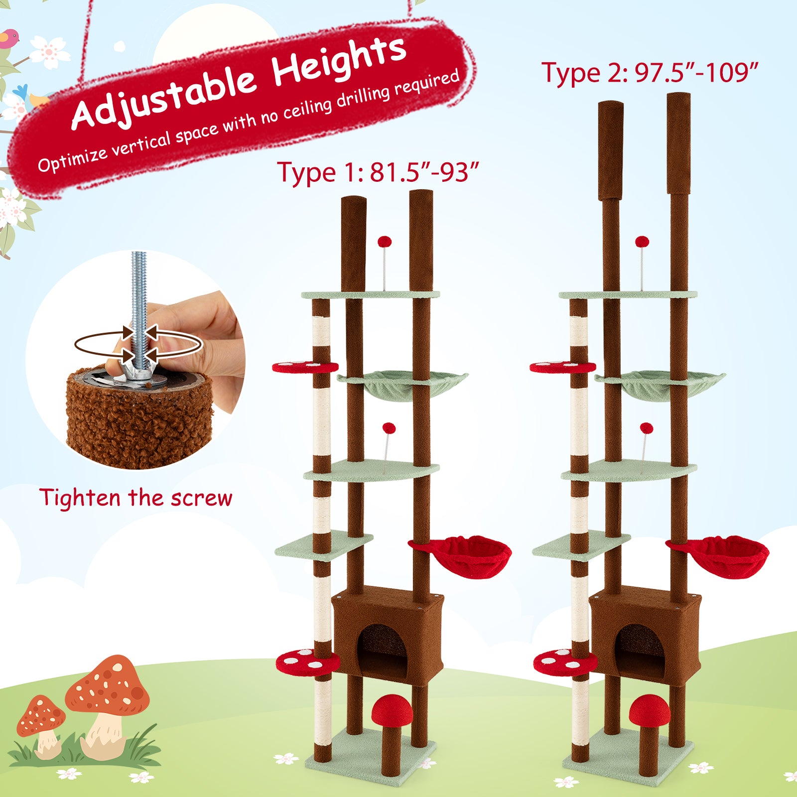 Floor to Ceiling Cat Tree Adjustable Mushroom Themed with Condo and Hammock, Brown Cat Trees Condos & Scratchers at Gallery Canada