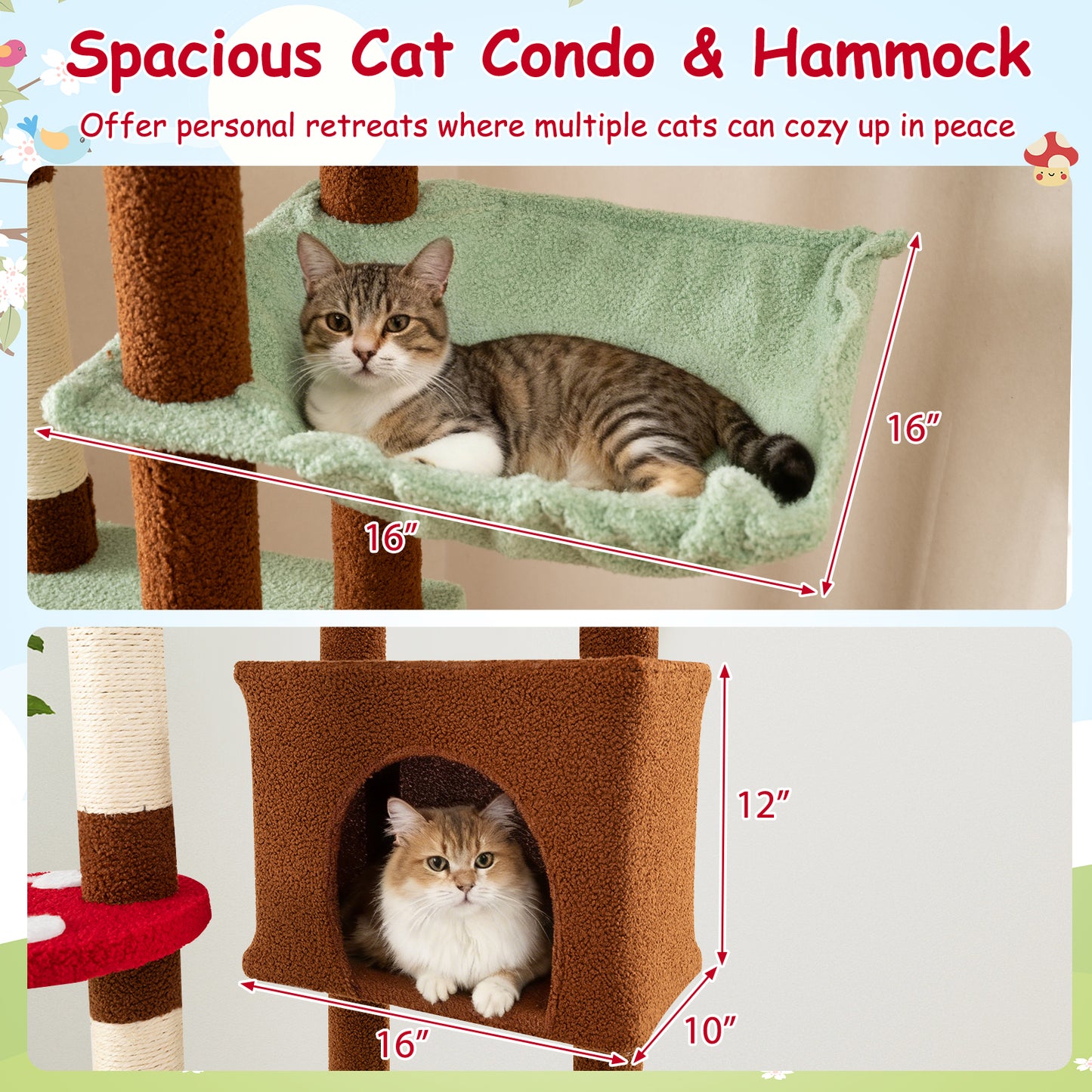 Floor to Ceiling Cat Tree Adjustable Mushroom Themed with Condo and Hammock, Brown Cat Trees Condos & Scratchers at Gallery Canada