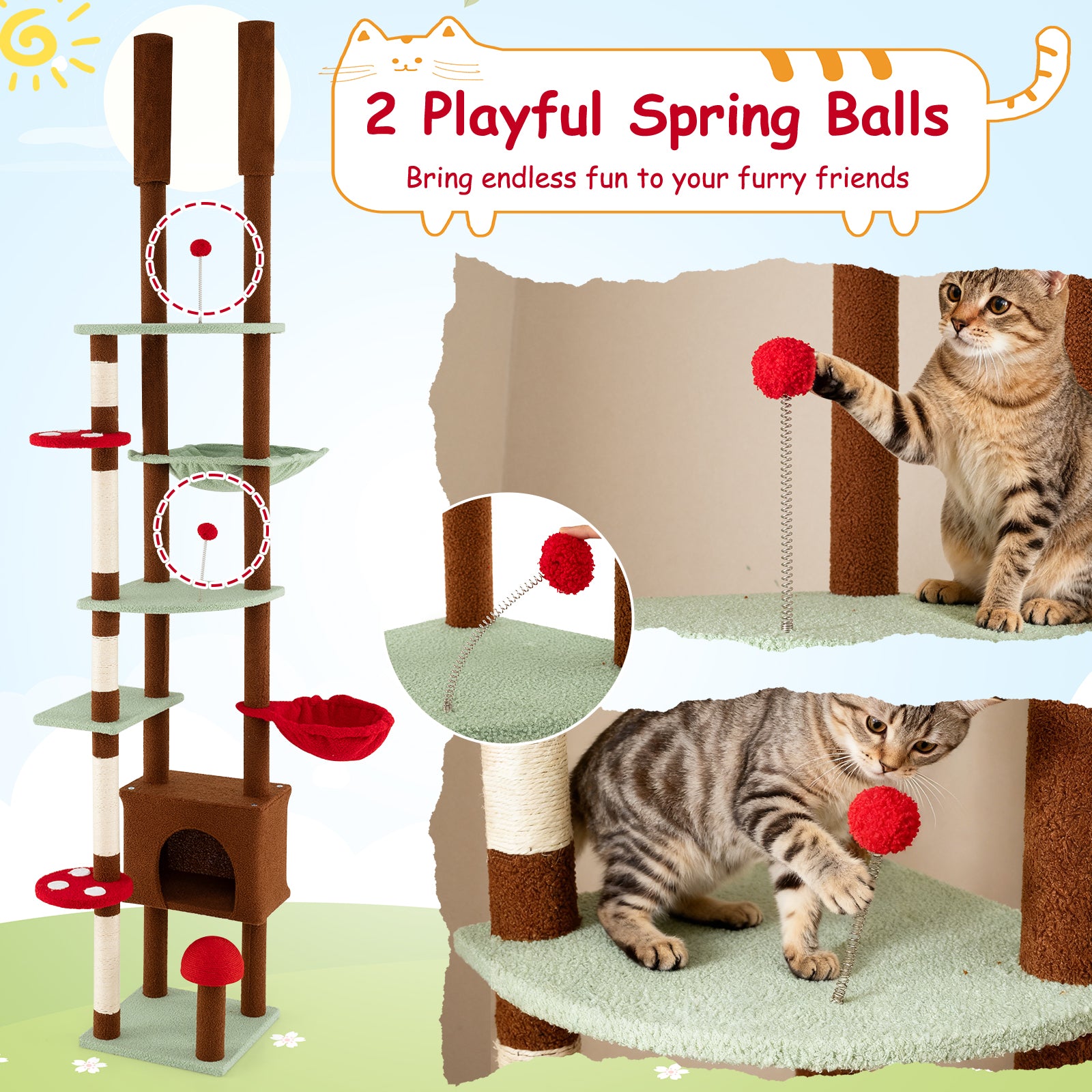Floor to Ceiling Cat Tree Adjustable Mushroom Themed with Condo and Hammock, Brown Cat Trees Condos & Scratchers at Gallery Canada