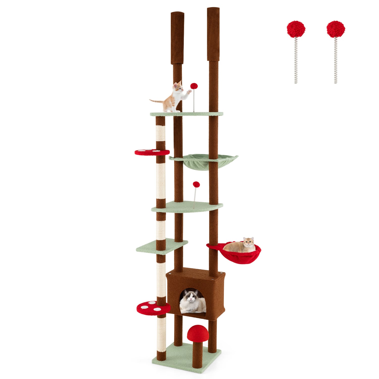 Floor to Ceiling Cat Tree Adjustable Mushroom Themed with Condo and Hammock, Brown Cat Trees Condos & Scratchers Brown at Gallery Canada