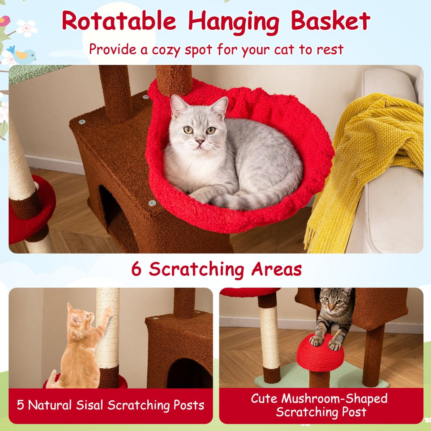 Floor to Ceiling Cat Tree Adjustable Mushroom Themed with Condo and Hammock, Brown Cat Trees Condos & Scratchers at Gallery Canada