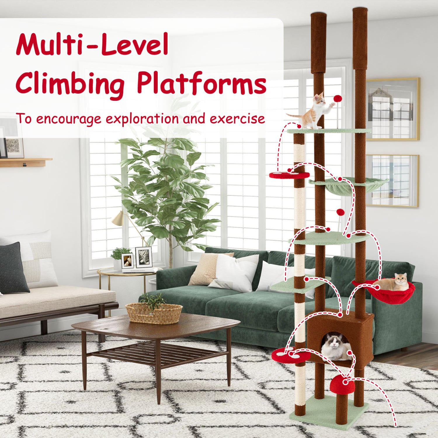 Floor to Ceiling Cat Tree Adjustable Mushroom Themed with Condo and Hammock, Brown Cat Trees Condos & Scratchers at Gallery Canada