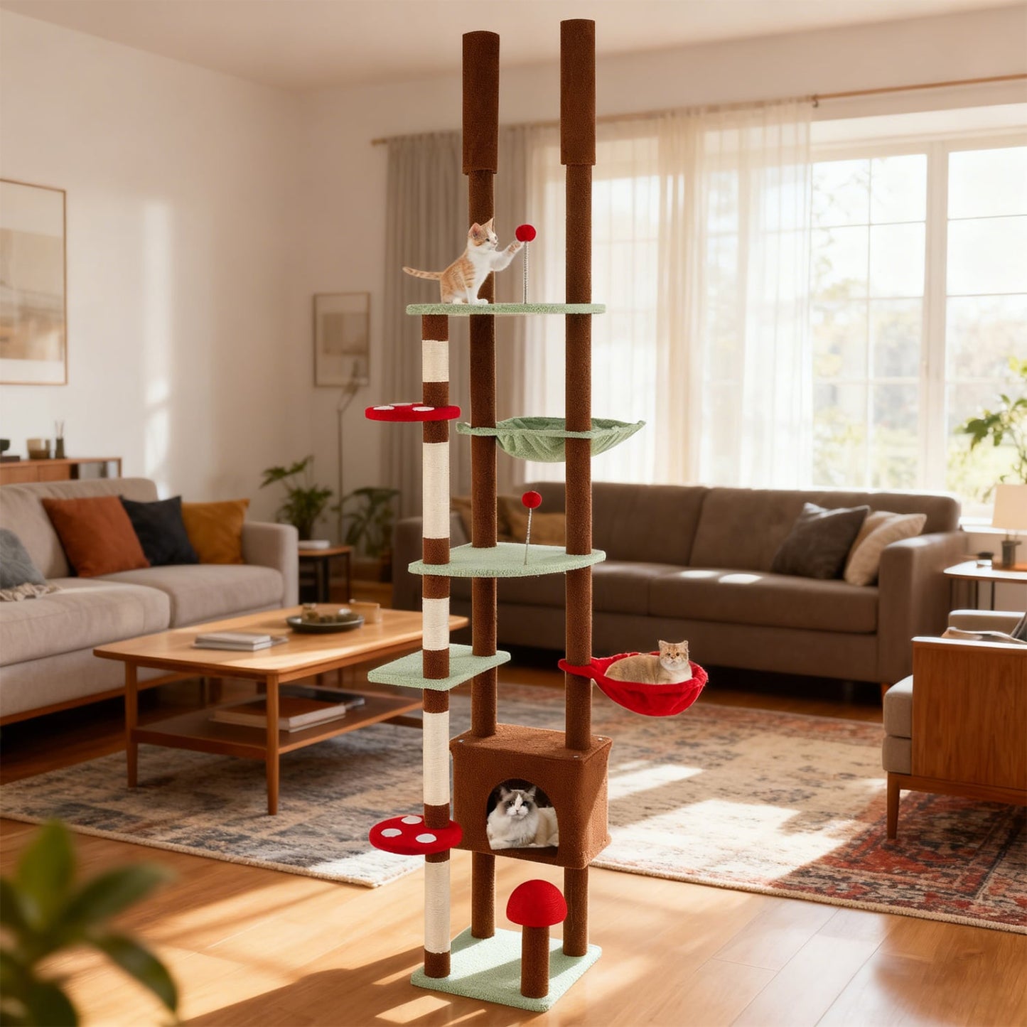 Floor to Ceiling Cat Tree Adjustable Mushroom Themed with Condo and Hammock, Brown Cat Trees Condos & Scratchers at Gallery Canada