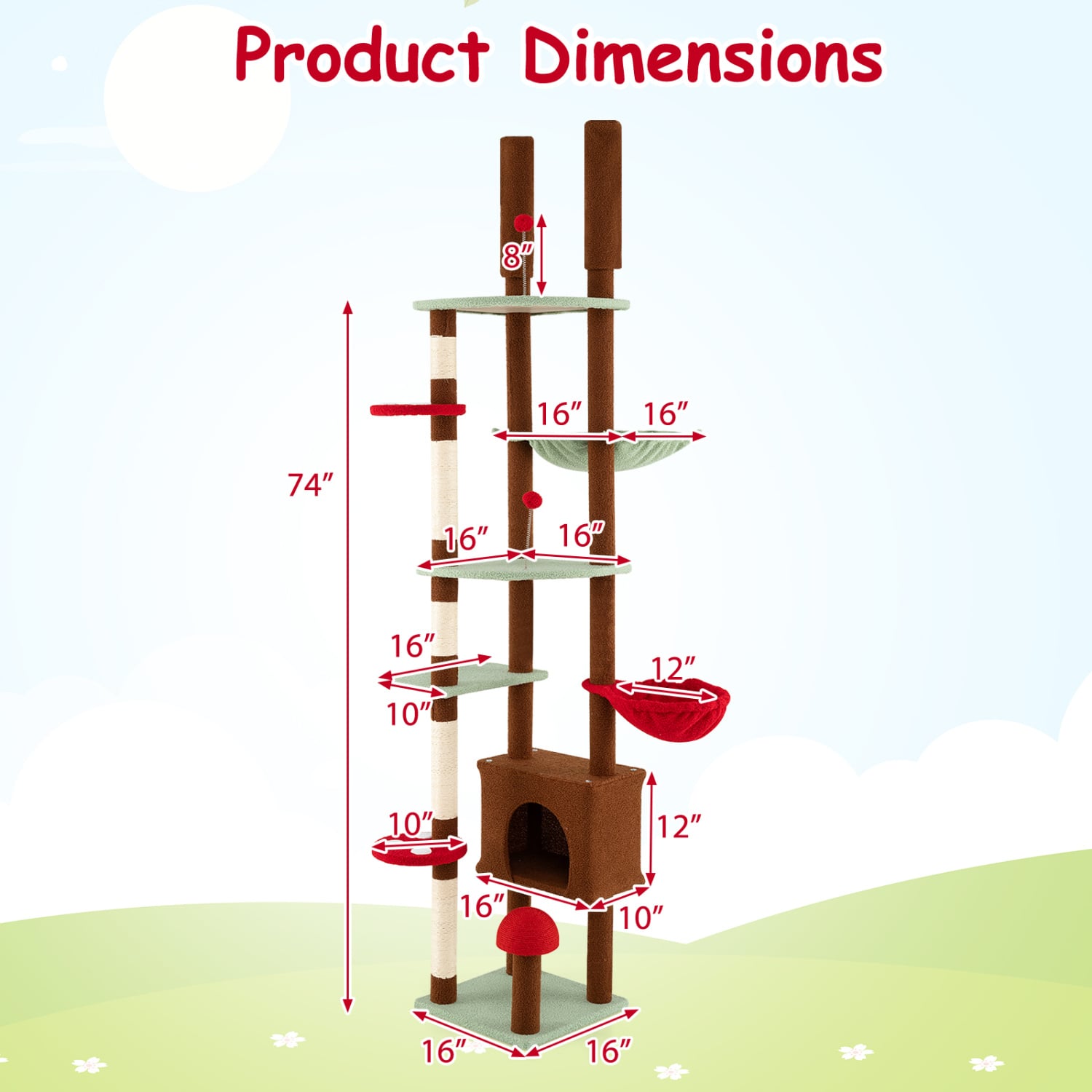 Floor to Ceiling Cat Tree Adjustable Mushroom Themed with Condo and Hammock, Brown Cat Trees Condos & Scratchers at Gallery Canada