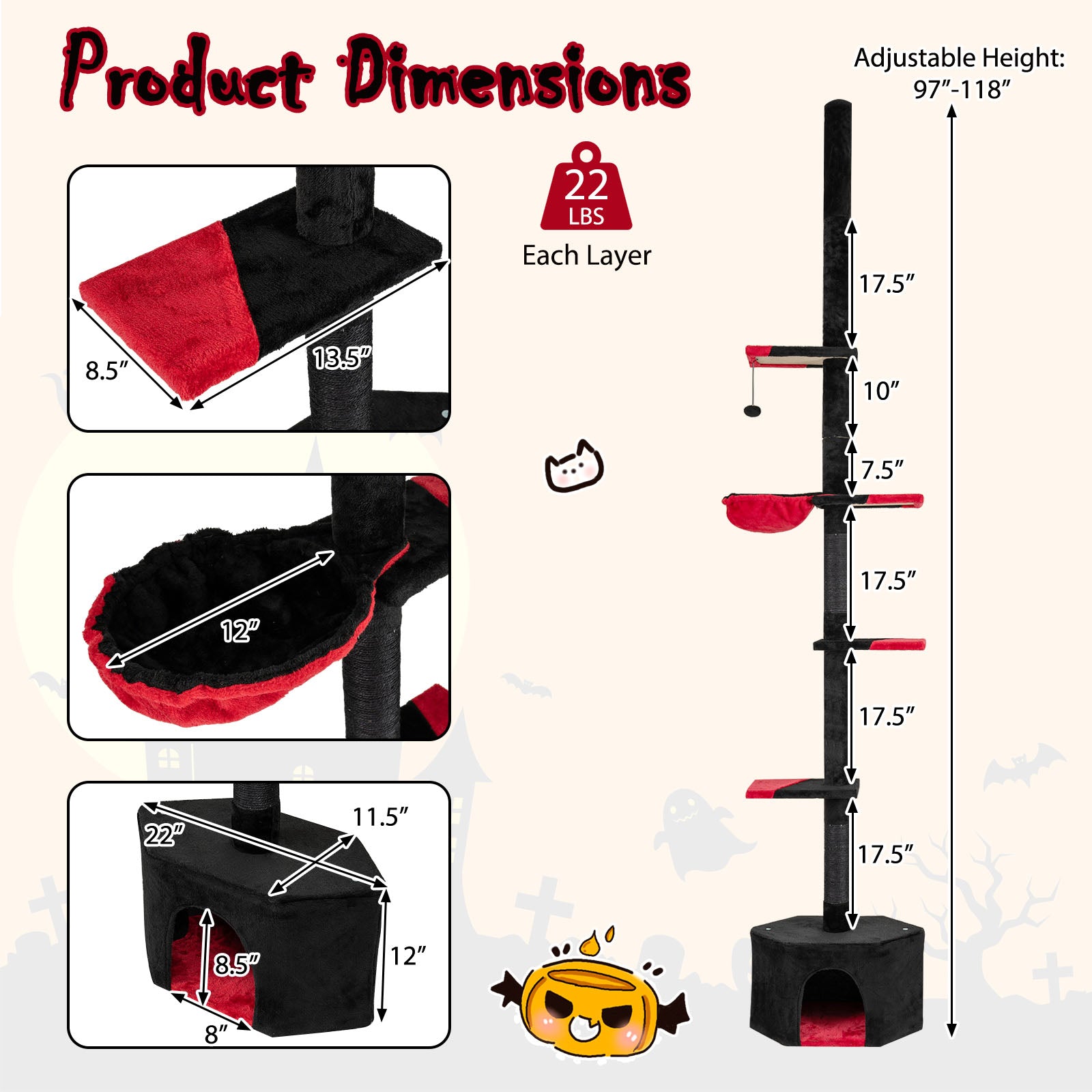 Gothic Cat Tree, 97-118 Inches, 5-Tier With Condo, Black, Red Cat Trees Condos & Scratchers at Gallery Canada