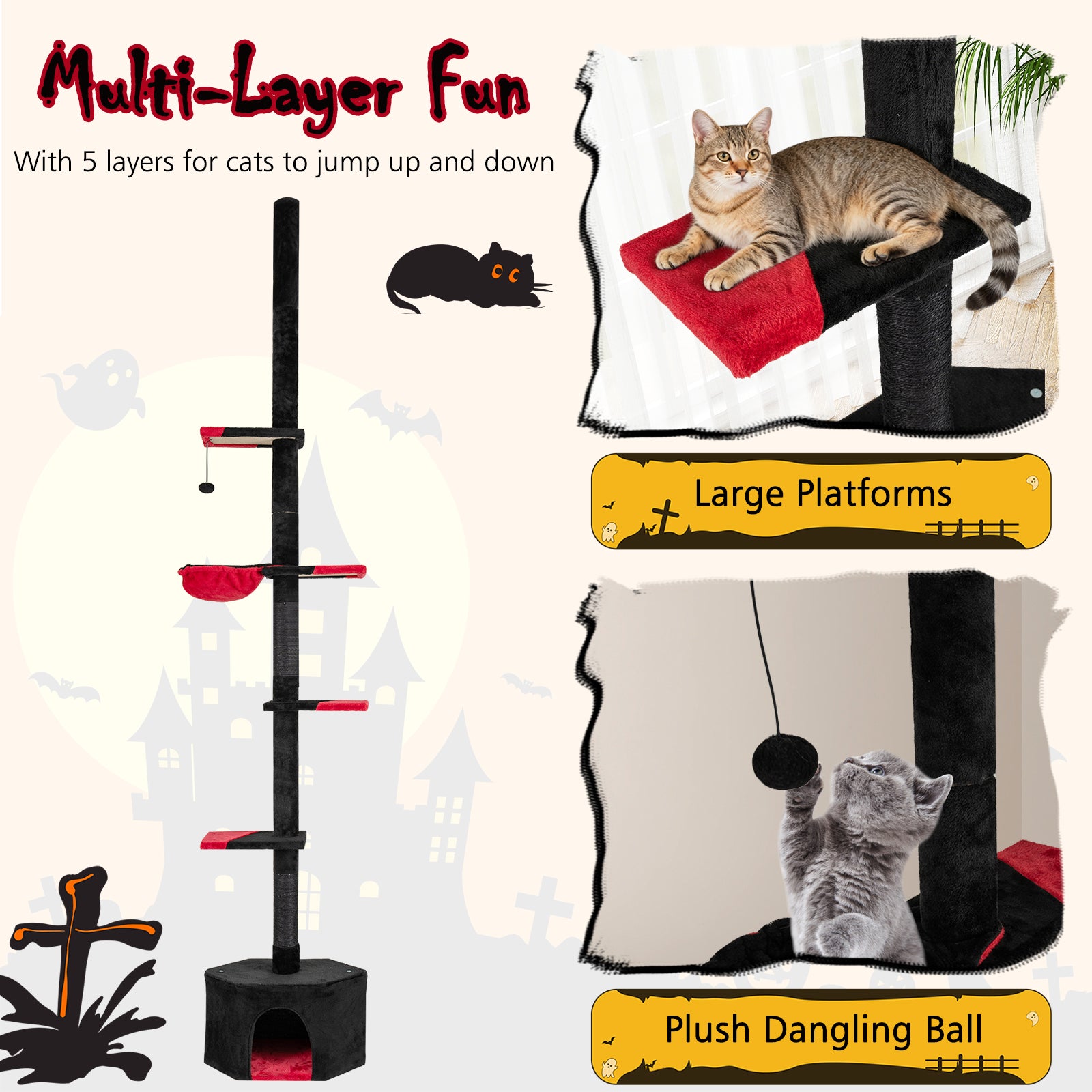 Gothic Cat Tree, 97-118 Inches, 5-Tier With Condo, Black, Red Cat Trees Condos & Scratchers at Gallery Canada