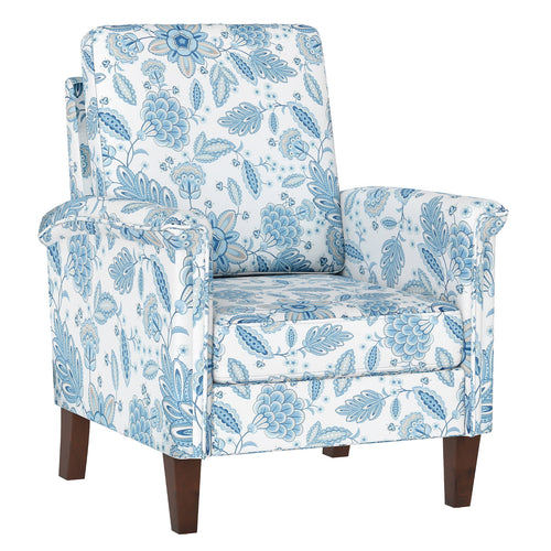 Floral Accent Chair Farmhouse Boho Armchair with Solid Wood Legs and High Back, Blue