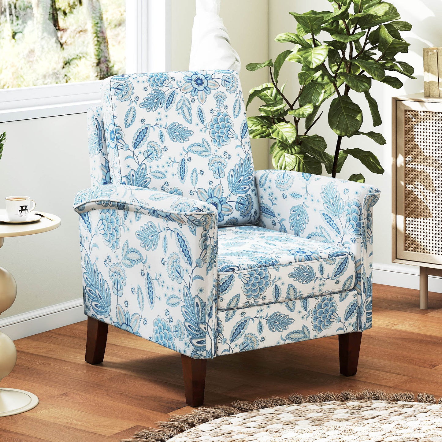Floral Accent Chair Farmhouse Boho Armchair with Solid Wood Legs and High Back, Blue Sofas & Loveseats at Gallery Canada