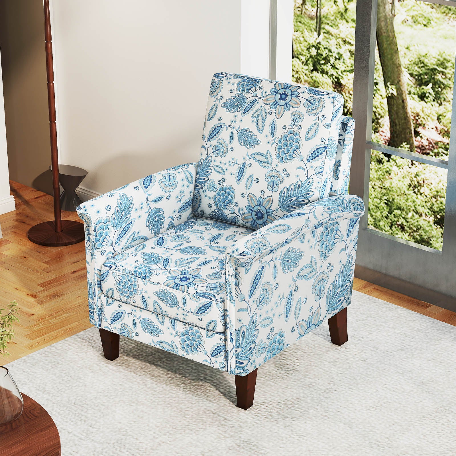 Floral Accent Chair Farmhouse Boho Armchair with Solid Wood Legs and High Back, Blue Sofas & Loveseats at Gallery Canada