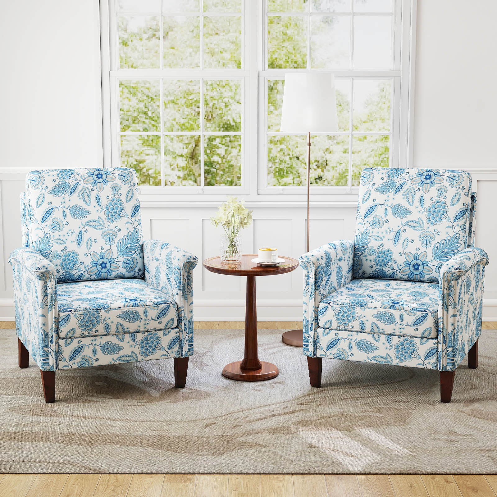 Floral Accent Chair Farmhouse Boho Armchair with Solid Wood Legs and High Back, Blue Sofas & Loveseats at Gallery Canada