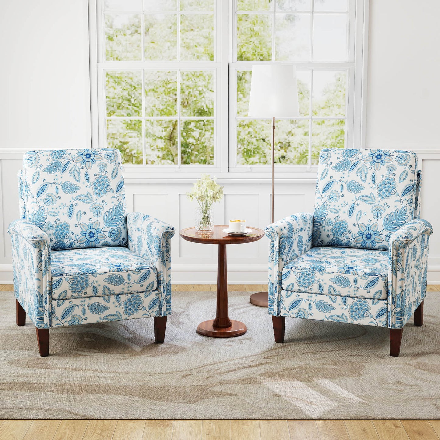Floral Accent Chair Farmhouse Boho Armchair with Solid Wood Legs and High Back, Blue Sofas & Loveseats at Gallery Canada