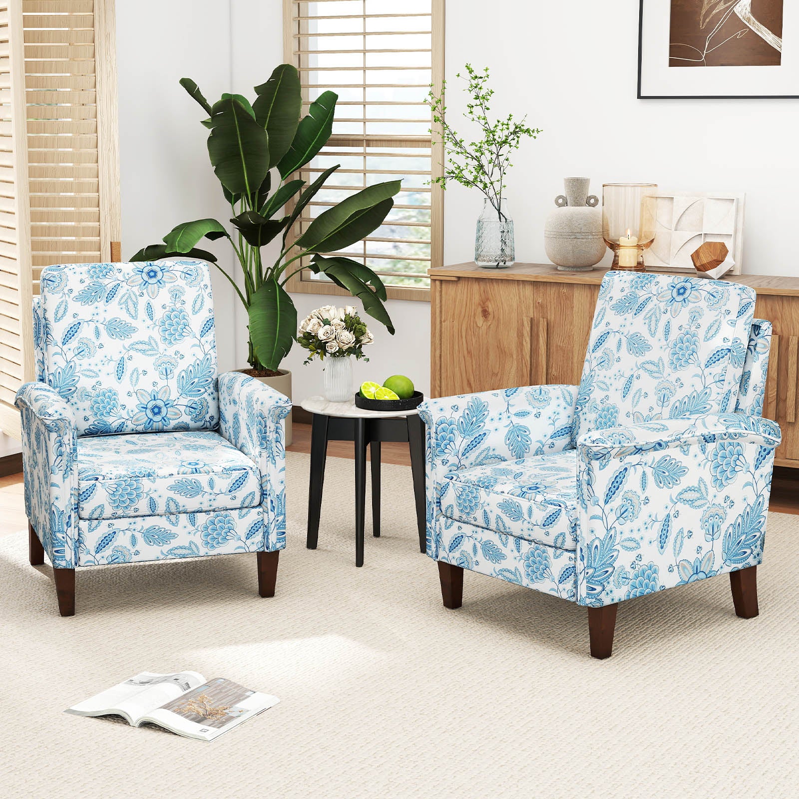 Floral Accent Chair Farmhouse Boho Armchair with Solid Wood Legs and High Back, Blue Sofas & Loveseats at Gallery Canada