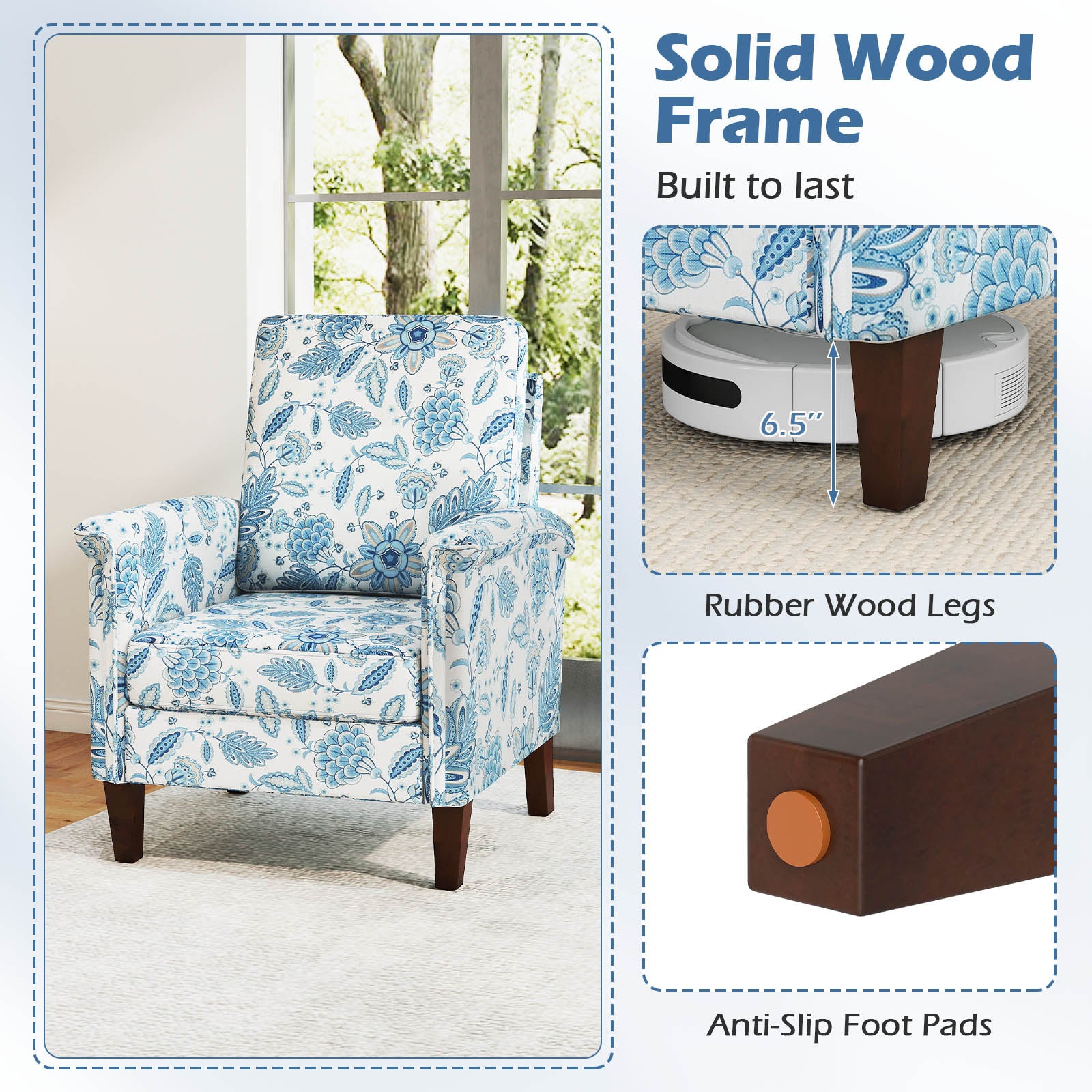 Floral Accent Chair Farmhouse Boho Armchair with Solid Wood Legs and High Back, Blue Sofas & Loveseats at Gallery Canada