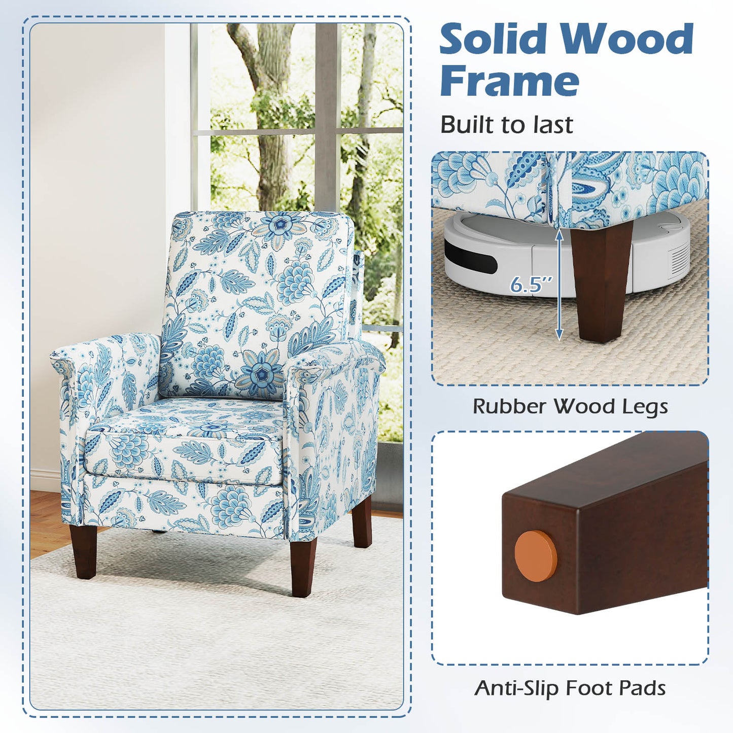 Floral Accent Chair Farmhouse Boho Armchair with Solid Wood Legs and High Back, Blue Sofas & Loveseats at Gallery Canada