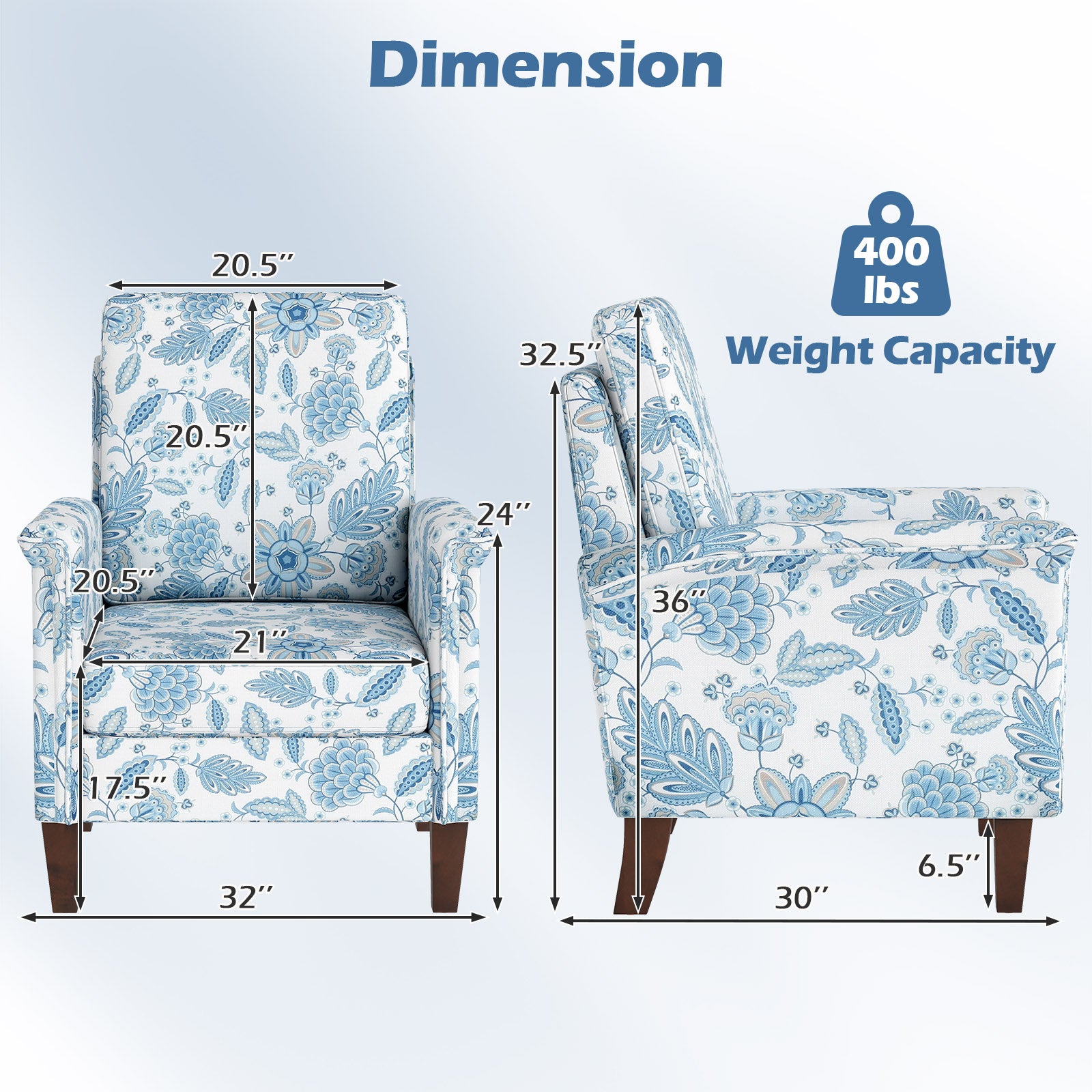 Floral Accent Chair Farmhouse Boho Armchair with Solid Wood Legs and High Back, Blue Sofas & Loveseats at Gallery Canada