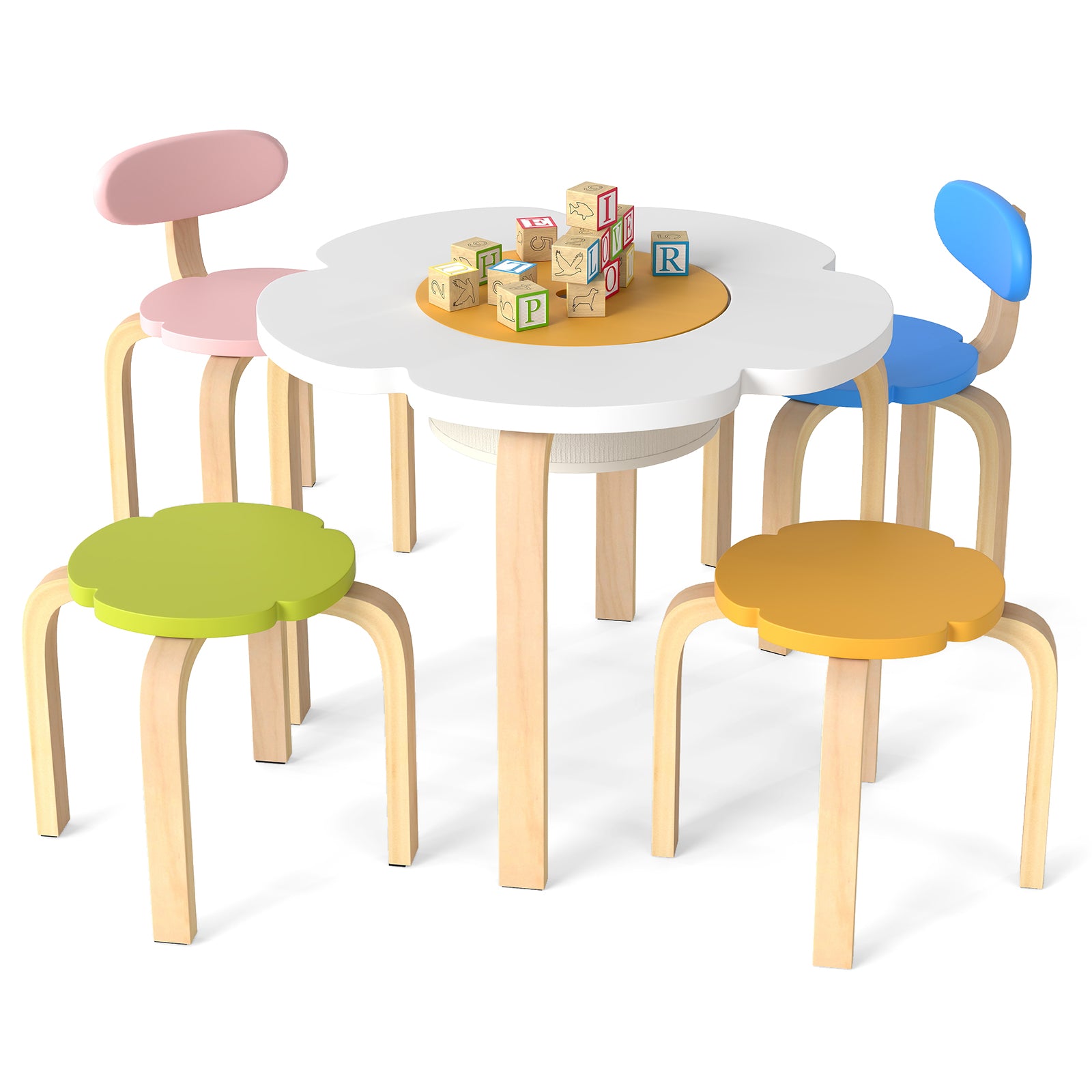 Flower-shaped Children Table Set Wooden Play and Activity Table with 2 Colorful Chairs and Stools, Multicolor Kids Table & Chair Sets Multicolor at Gallery Canada