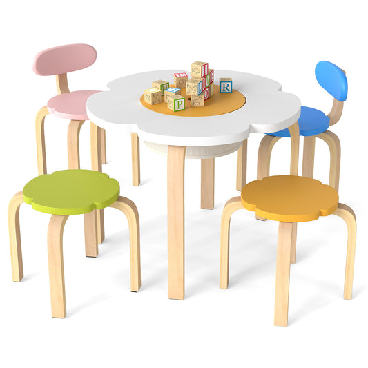 Flower-shaped Children Table Set Wooden Play and Activity Table with 2 Colorful Chairs and Stools, Multicolor