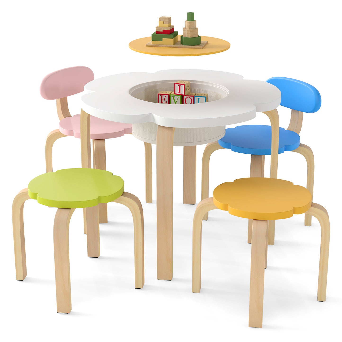 Flower-shaped Children Table Set Wooden Play and Activity Table with 2 Colorful Chairs and Stools, Multicolor Kids Table & Chair Sets at Gallery Canada