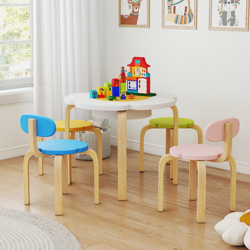 Flower-shaped Children Table Set Wooden Play and Activity Table with 2 Colorful Chairs and Stools, Multicolor