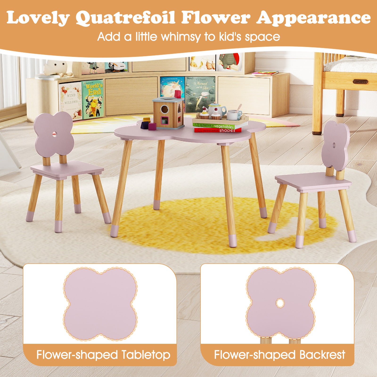 Kids Flower Table Set, Solid Pine Wood Legs, Pink Kids Table & Chair Sets at Gallery Canada