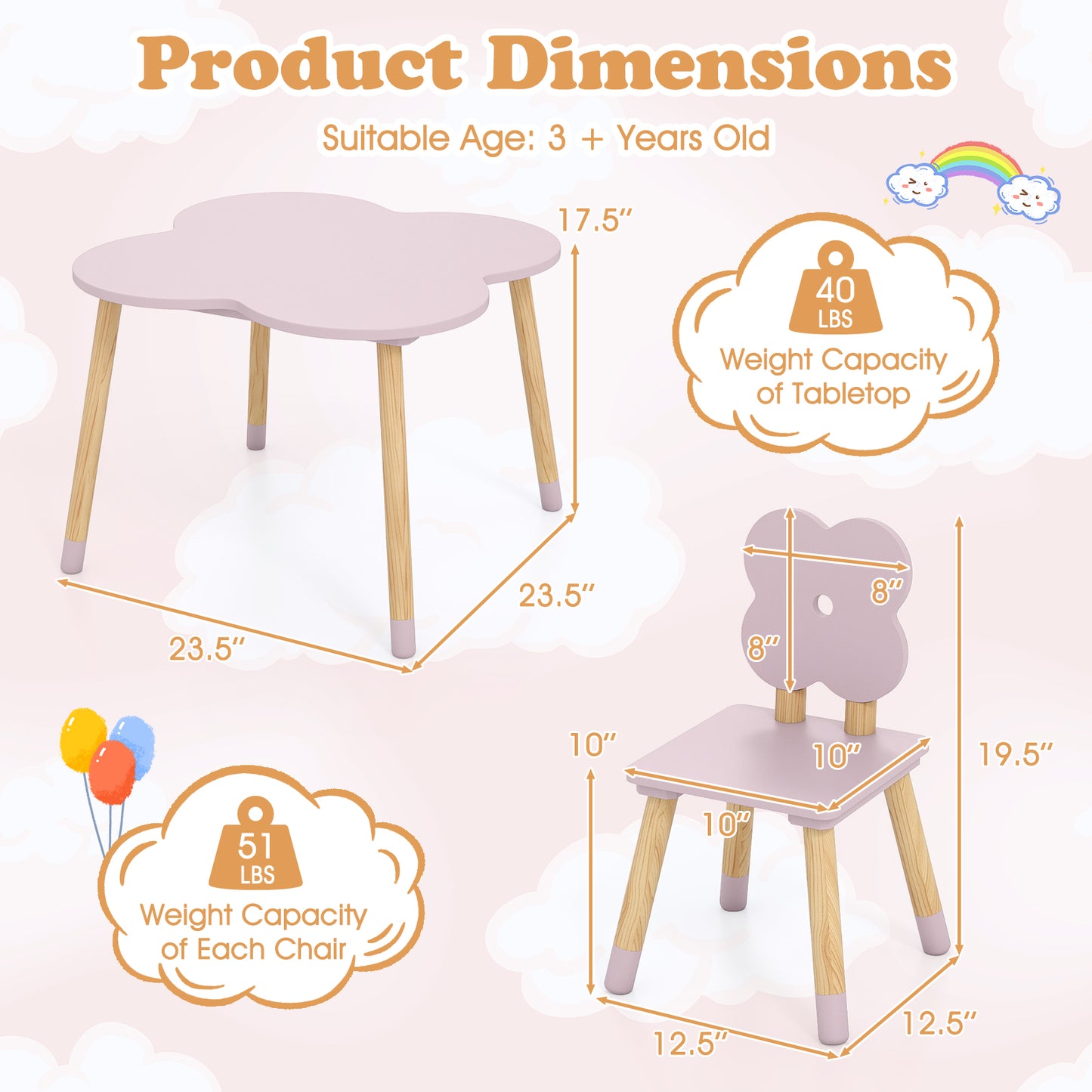 Kids Flower Table Set, Solid Pine Wood Legs, Pink Kids Table & Chair Sets at Gallery Canada