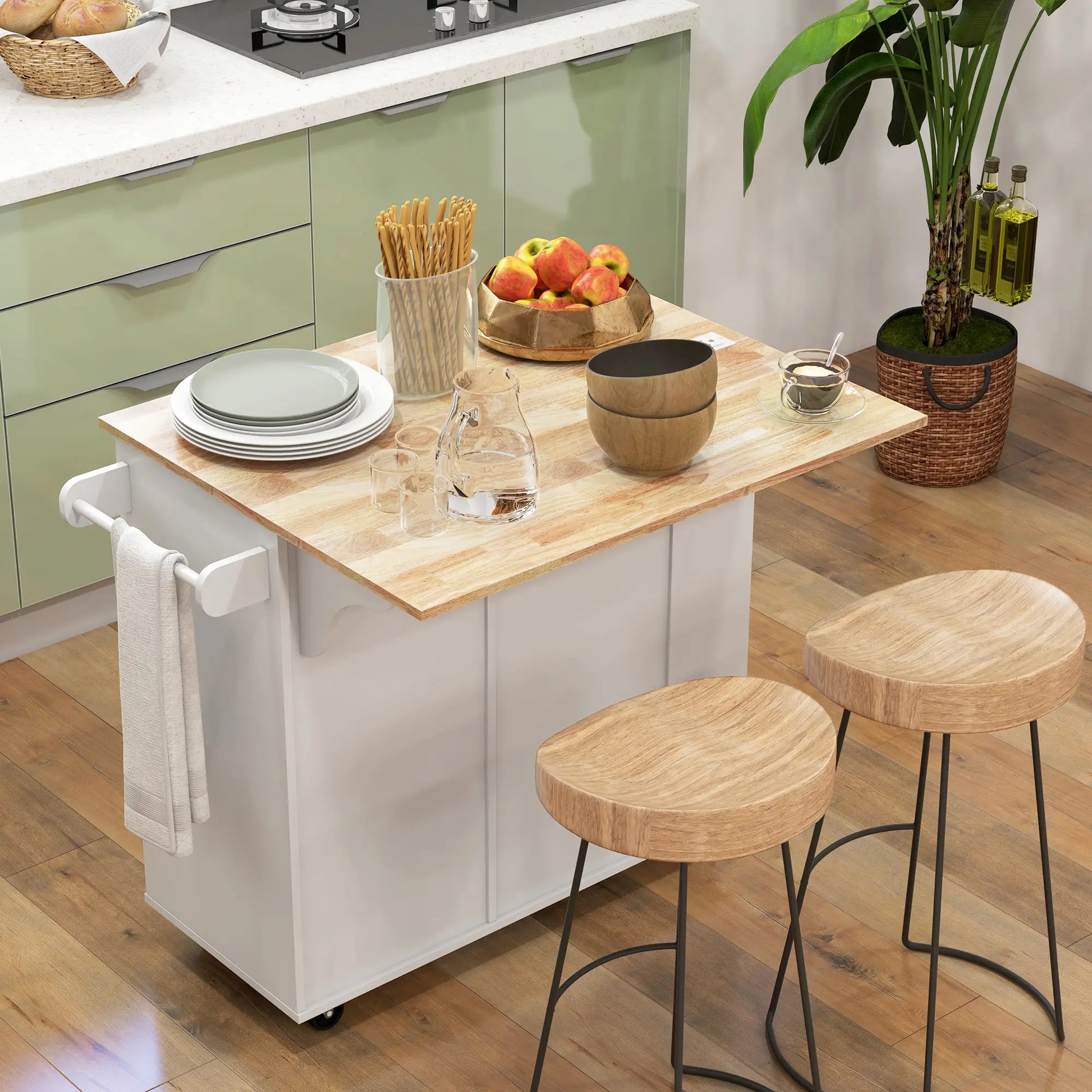 Kitchen Island with Power Outlet and Drop Leaf, Rolling Kitchen Cart with 2 Drawers and Adjustable Shelves, White Kitchen Islands & Kitchen Carts at Gallery Canada
