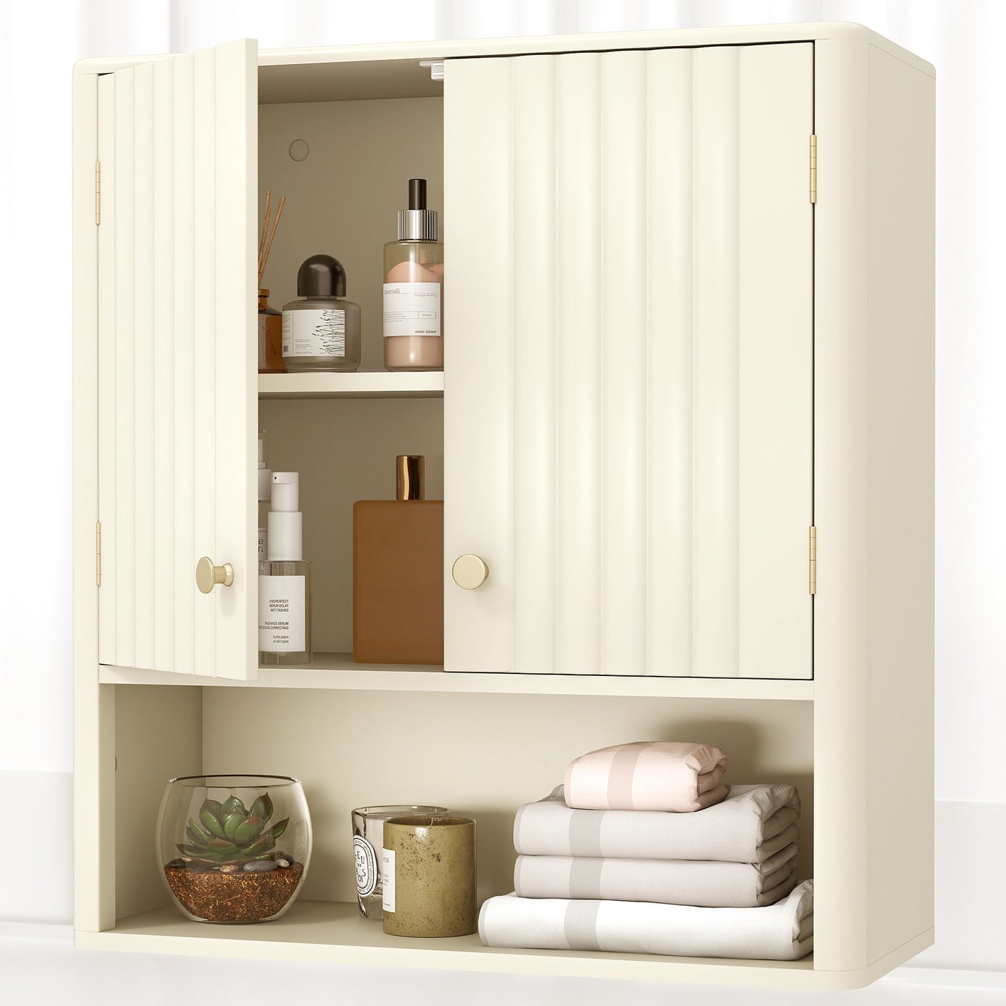 Fluted Bathroom Wall Cabinet with Open Shelf, Beige Wall Cabinets at Gallery Canada