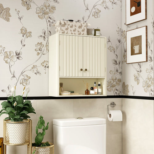 Fluted Bathroom Wall Cabinet with Open Shelf, Beige