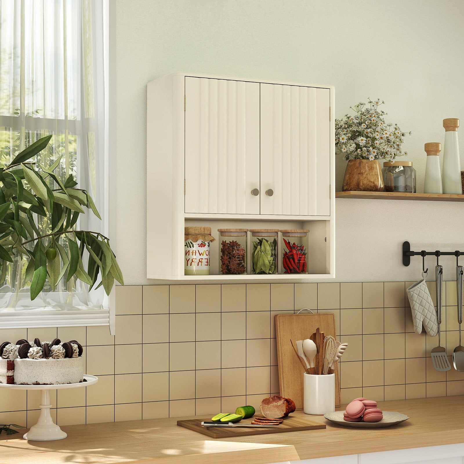 Fluted Bathroom Wall Cabinet with Open Shelf, Beige Wall Cabinets at Gallery Canada