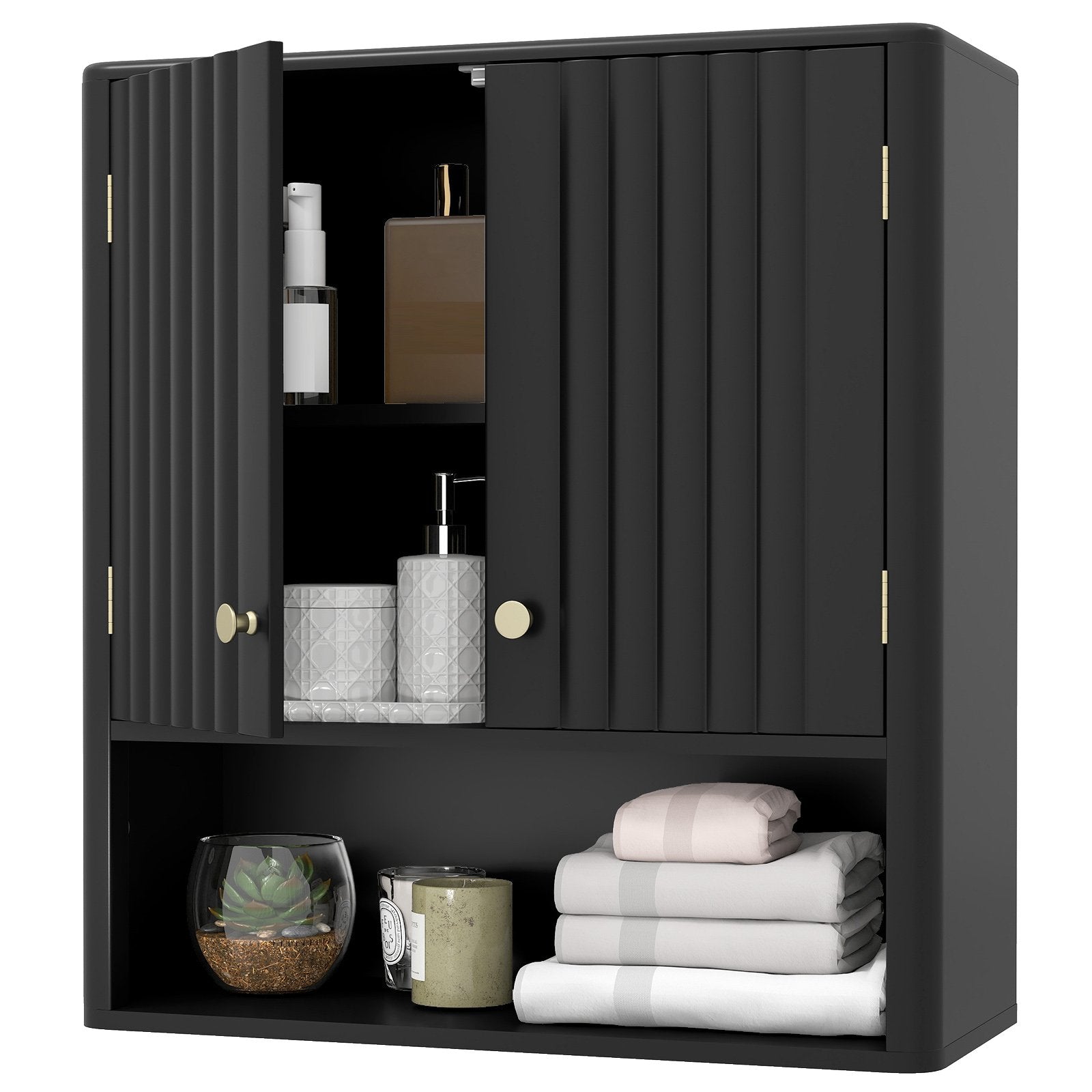 Fluted Bathroom Wall Cabinet with Open Shelf, Black Wall Cabinets at Gallery Canada