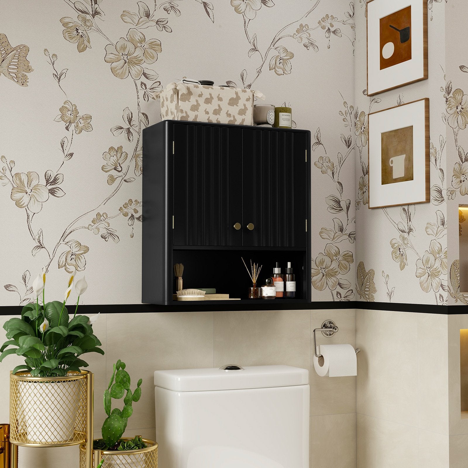 Fluted Bathroom Wall Cabinet with Open Shelf, Black Wall Cabinets at Gallery Canada